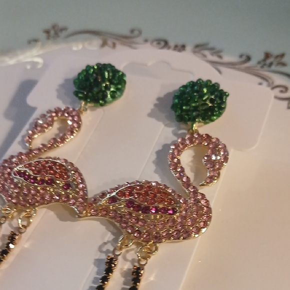 Rhinestone Extra Long Flamingo Earrings with Green and Pink Accents - Picture 5 of 7